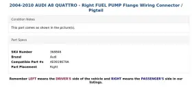 4e0919679a Audi 2004-2010 A8 Quattro - Right Fuel Pump Flange Wiring Connector / Pigtail #3