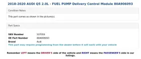 80a906093 Audi 2018-2020 Q5 2.0l - Fuel Pump Delivery Control Module #3