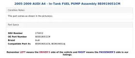 8e0919051cm Audi 2005-2009 A4 - In-tank Fuel Pump Assembly #3