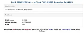 16117434205 Bmw 2011 528i 3.0l - In-tank Fuel Pump Assembly 7434205 #3