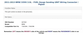 7162394 Bmw 2011-2013 335is 3.0l - Fuel Gauge Sending Unit Wiring Connector / Pigtail #3