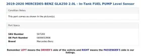 0009053906 Mercedes-benz 2019-2020 Gla250 2.0l - In-tank Fuel Pump Level Sensor #3