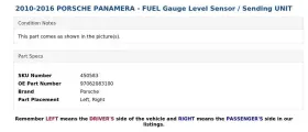97062083100 Porsche 2010-2016 Panamera - Fuel Gauge Level Sensor / Sending Unit #3