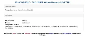 1h0919651e Volkswagen 1993 Vw Golf - Fuel Pump Wiring Harness / Pig Tail #3