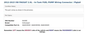 3aa919050b Volkswagen 2012-2015 Vw Passat 2.0l - In-tank Fuel Pump Wiring Connector / Pigtail #3