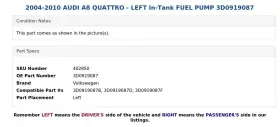 3d0919087 Volkswagen 2004-2010 Audi A8 Quattro - Left In-tank Fuel Pump #3