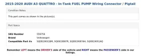 5q0919051aq Volkswagen 2015-2020 Audi A3 Quattro - In-tank Fuel Pump Wiring Connector / Pigtail #3